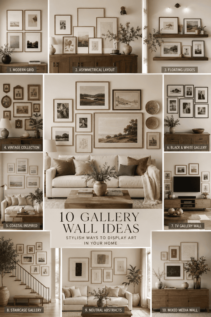 Editorial collage featuring stylish gallery wall ideas with modern artwork, oak frames, and luxury living room interiors.