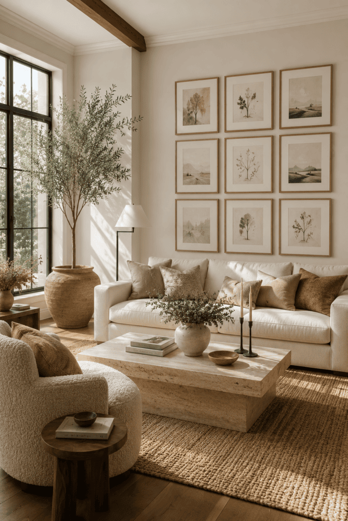 Modern living room featuring a symmetrical gallery wall with matching oak frames above a cream sofa.