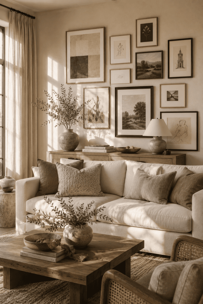 Asymmetrical gallery wall featuring mixed frames and neutral artwork in a modern living room.