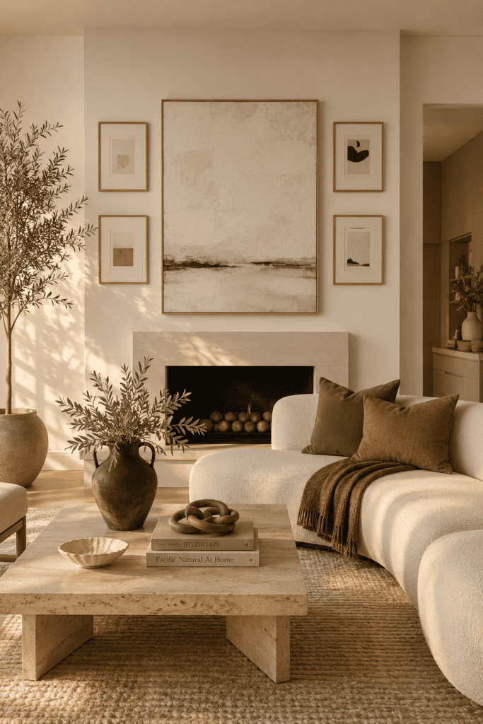 Modern living room featuring oversized wall art with smaller complementary framed artwork.