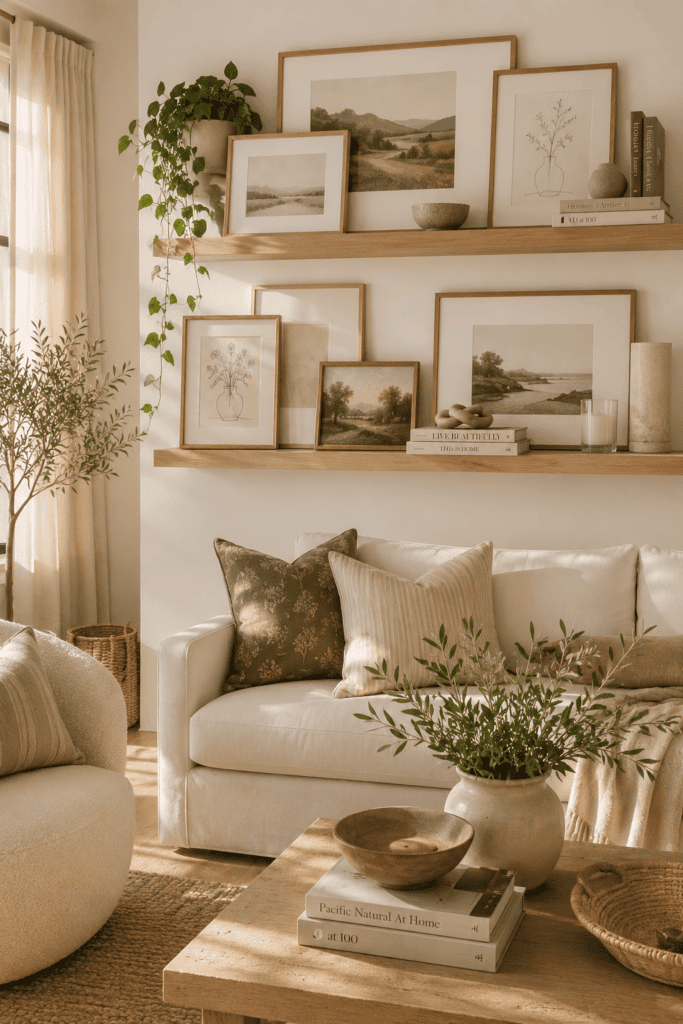 Floating picture ledges displaying layered artwork, ceramics, and books in a bright living room.