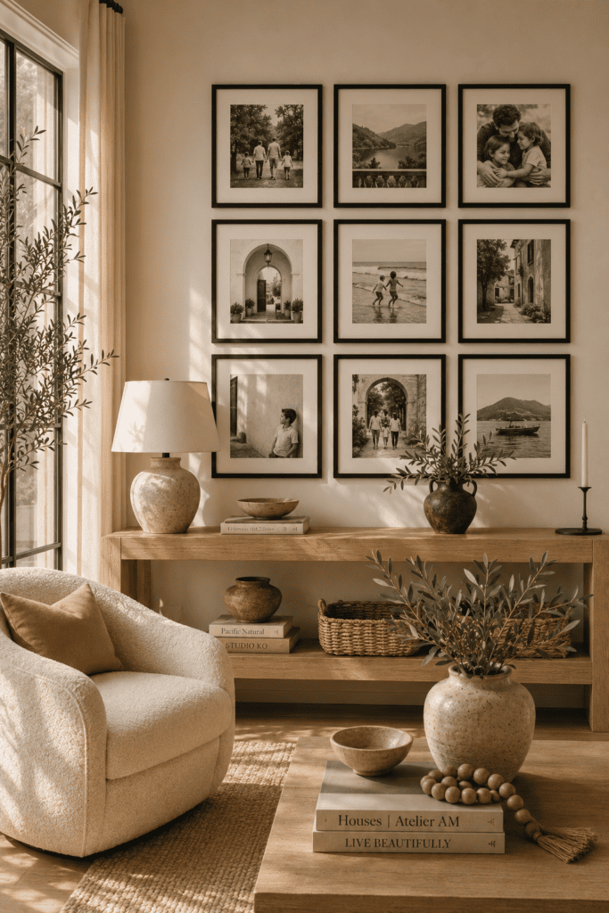 Elegant family photo gallery wall featuring matching black frames in a bright modern living room.