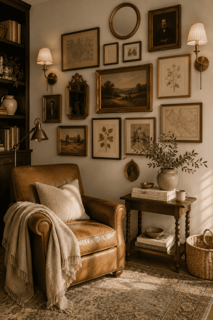 Vintage-inspired gallery wall with antique artwork, brass frames, and layered decor in a cozy reading nook.