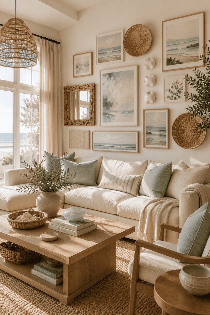 Relaxing coastal gallery wall featuring ocean-inspired artwork and driftwood frames in a bright living room.