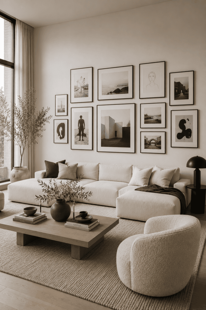 Minimalist gallery wall with black-and-white artwork displayed in thin black frames.