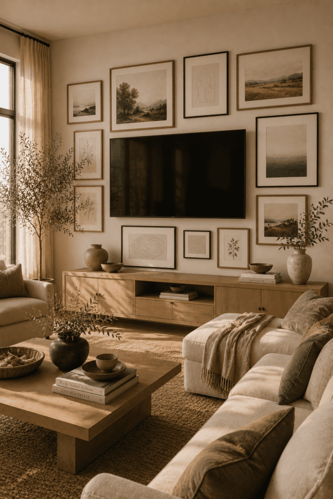 Modern living room featuring a television surrounded by a stylish neutral gallery wall.