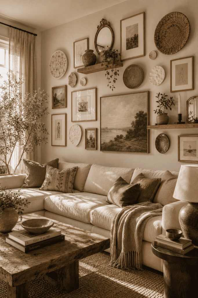 Designer mixed media gallery wall featuring artwork, woven baskets, mirrors, ceramics, and floating shelves in a modern living room.