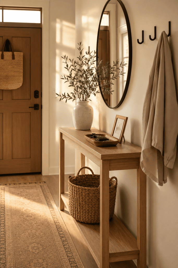 Small apartment entryway styled with a console table, round mirror, and renter-friendly decor.