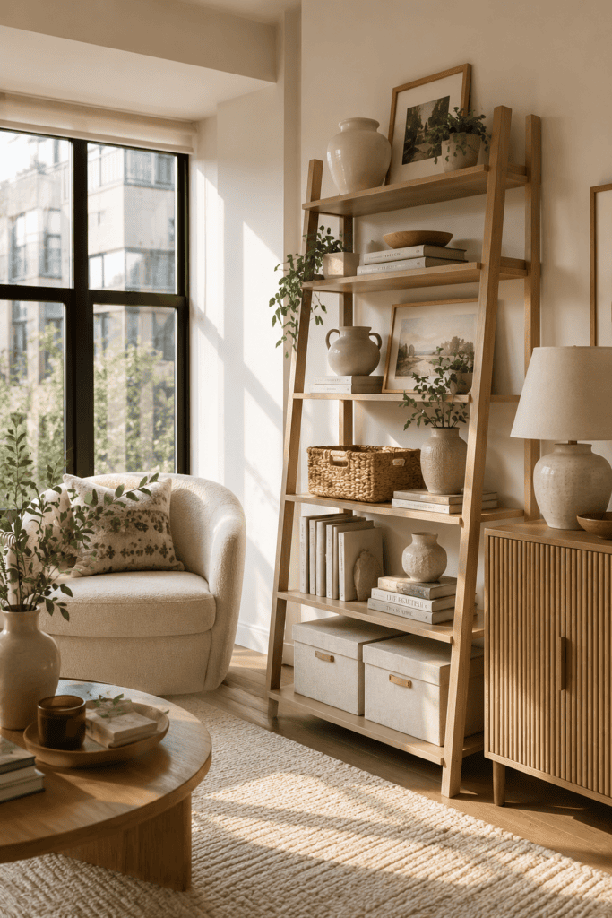 Modern apartment with a white oak leaning ladder shelf providing stylish renter-friendly storage.