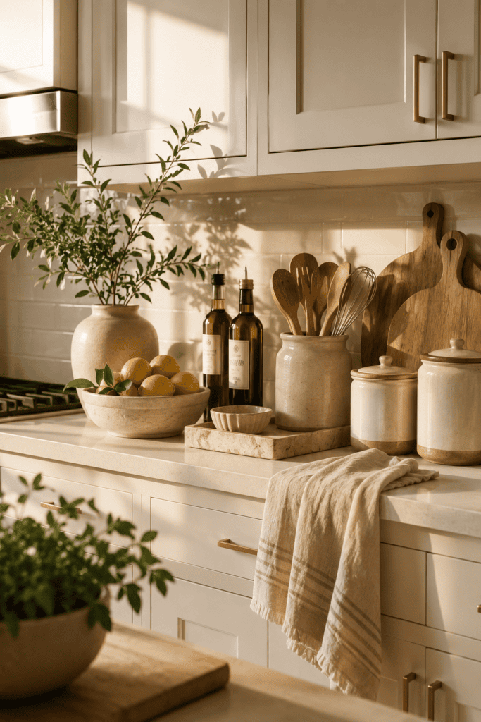 Beautiful apartment kitchen styled with renter-friendly countertop accessories and natural materials.