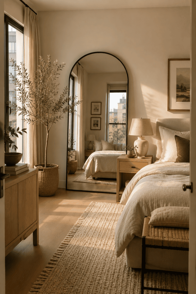 Bright apartment bedroom featuring a large arched mirror that makes the room feel bigger.