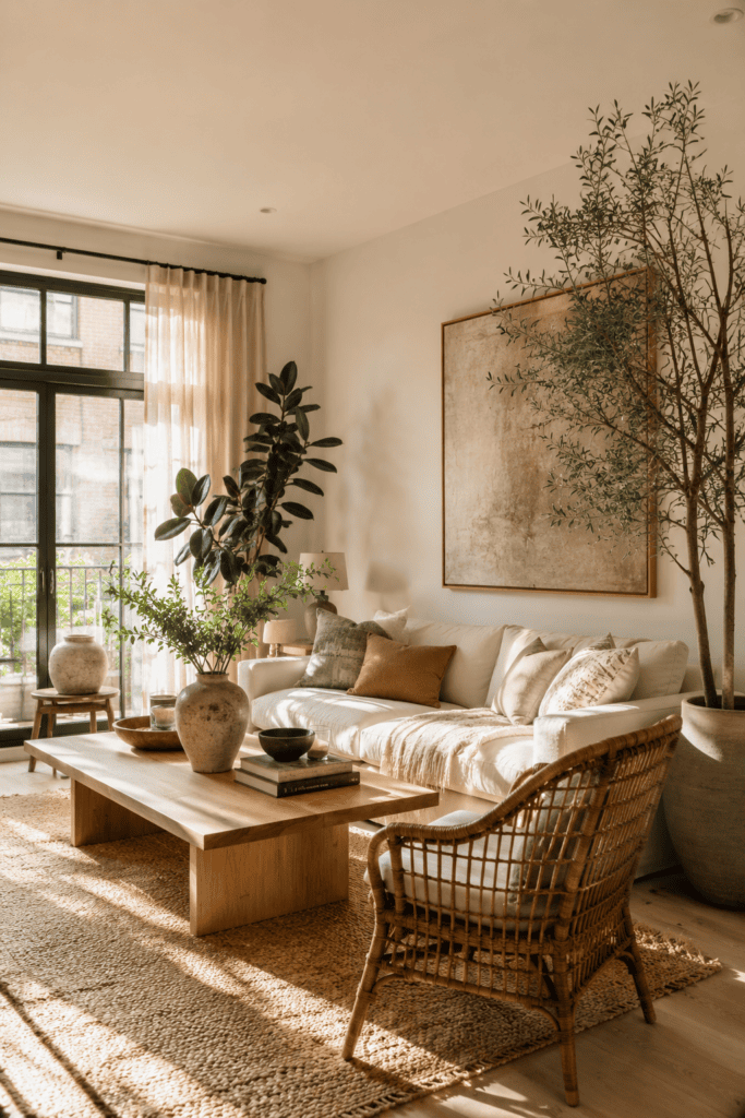 Modern apartment living room with indoor plants, oak furniture, and natural woven textures.