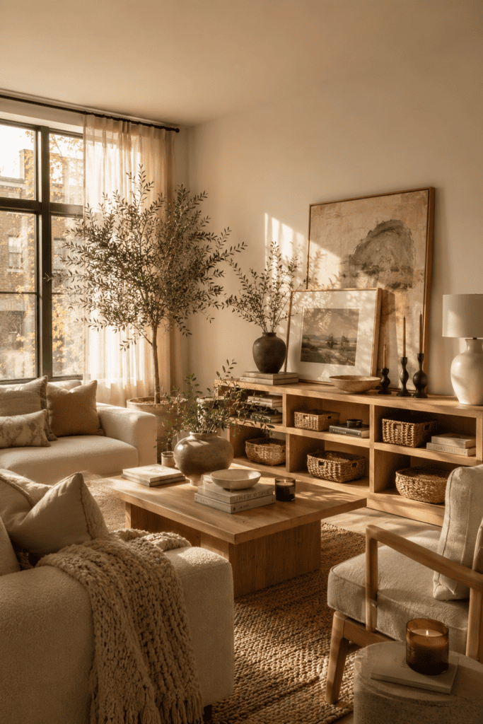 Stylish renter-friendly apartment living room layered with artwork, natural textures, and designer-inspired decor.