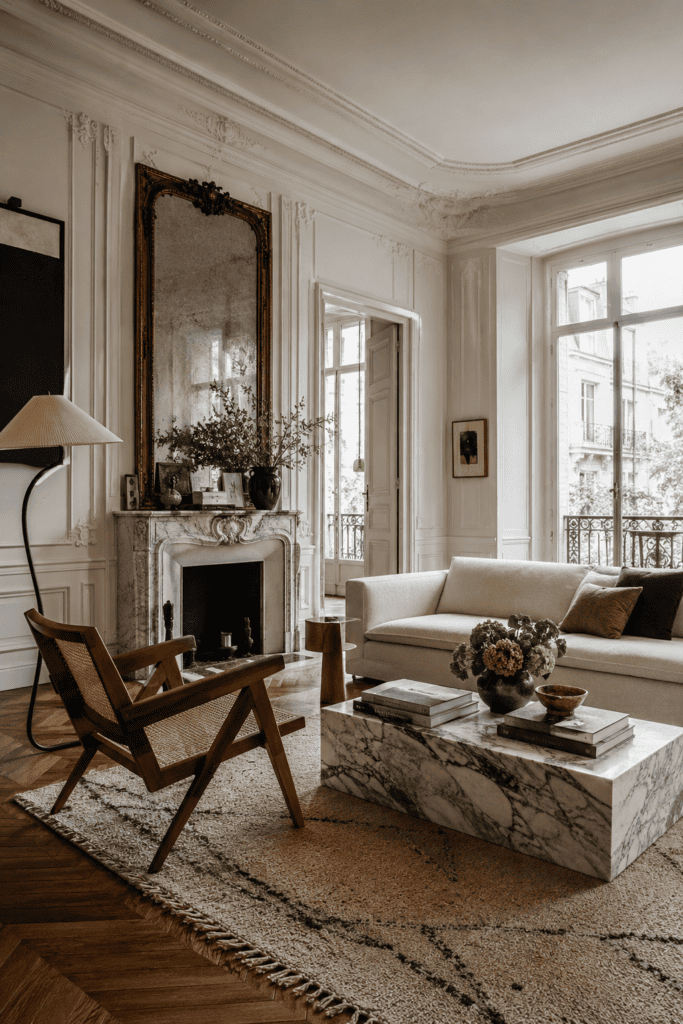 Parisian eclectic apartment decor with wall molding, vintage furniture, and curated luxury interior styling