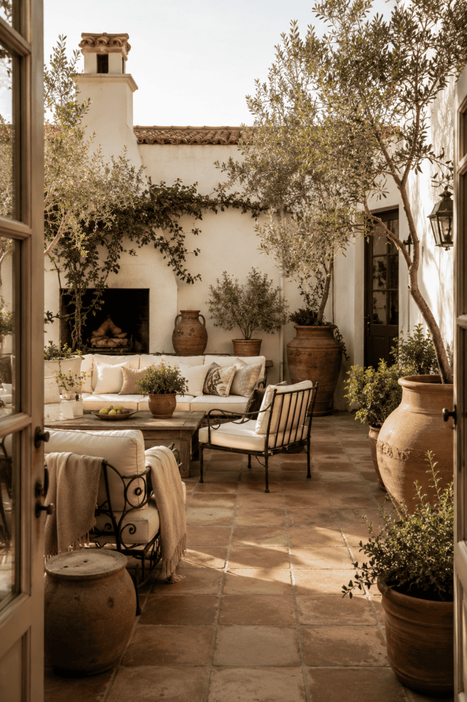 Mediterranean backyard decor with stucco walls, terracotta flooring, and elegant courtyard seating inspiration