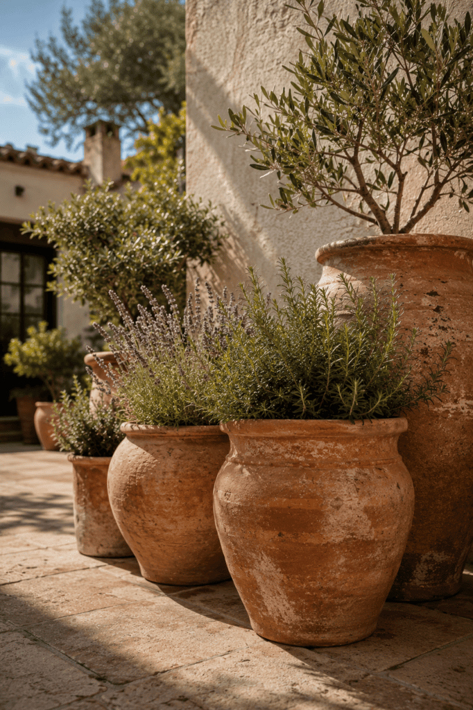 Mediterranean terracotta planters with olive branches and rustic clay pot styling inspiration