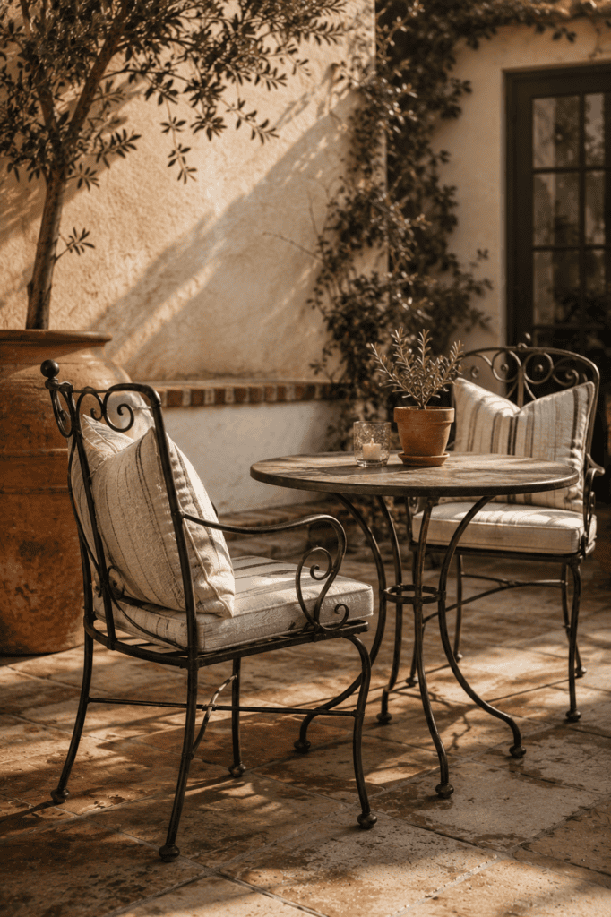Mediterranean wrought iron patio furniture with linen cushions and elegant courtyard styling
