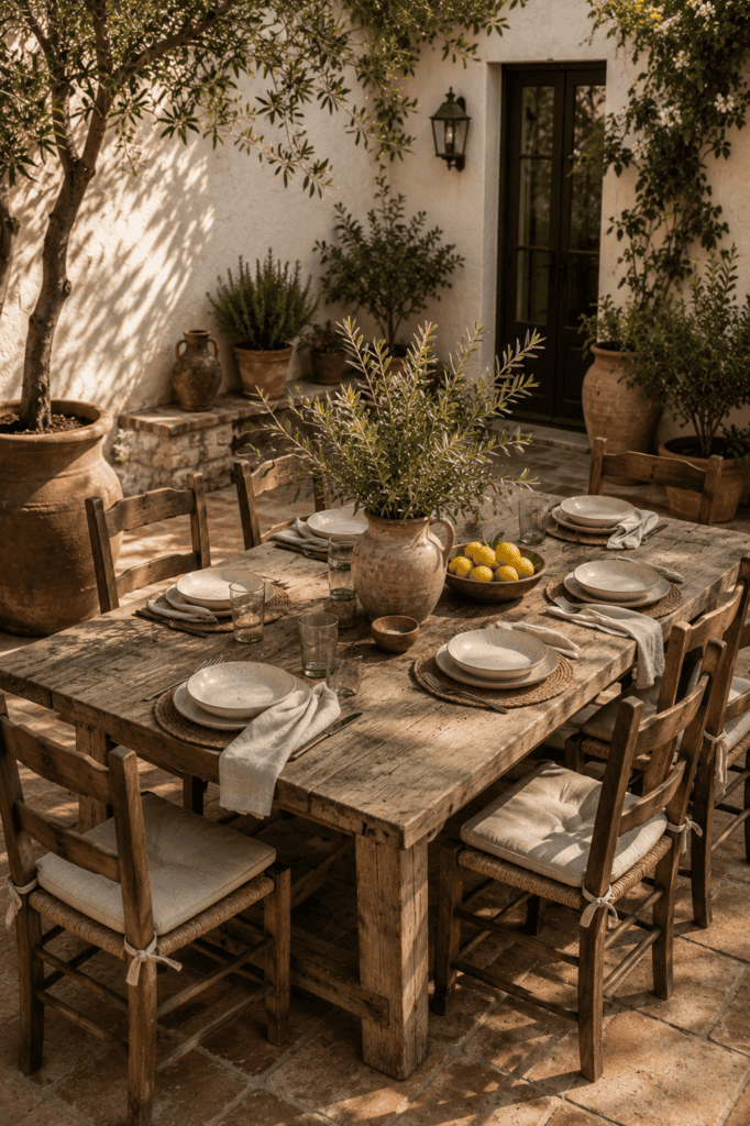 Mediterranean courtyard dining area with rustic wooden table and elegant outdoor decor inspiration