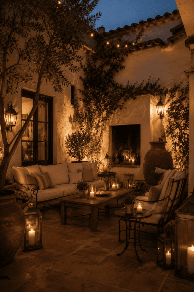 Mediterranean backyard evening lighting with lanterns, candles, and warm courtyard ambiance