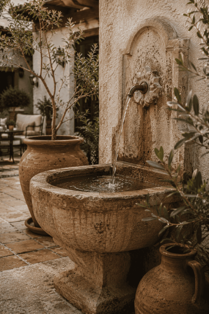 Mediterranean backyard stone fountain with terracotta decor and elegant courtyard styling