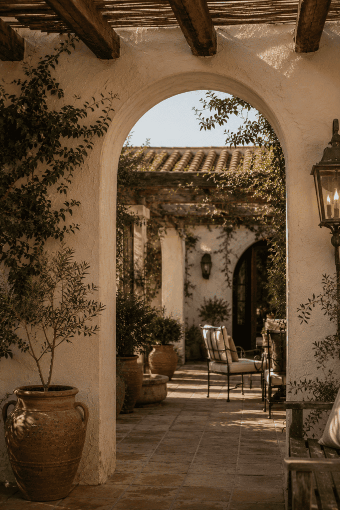 Mediterranean backyard archway with stucco walls, pergola beams, and timeless courtyard architecture