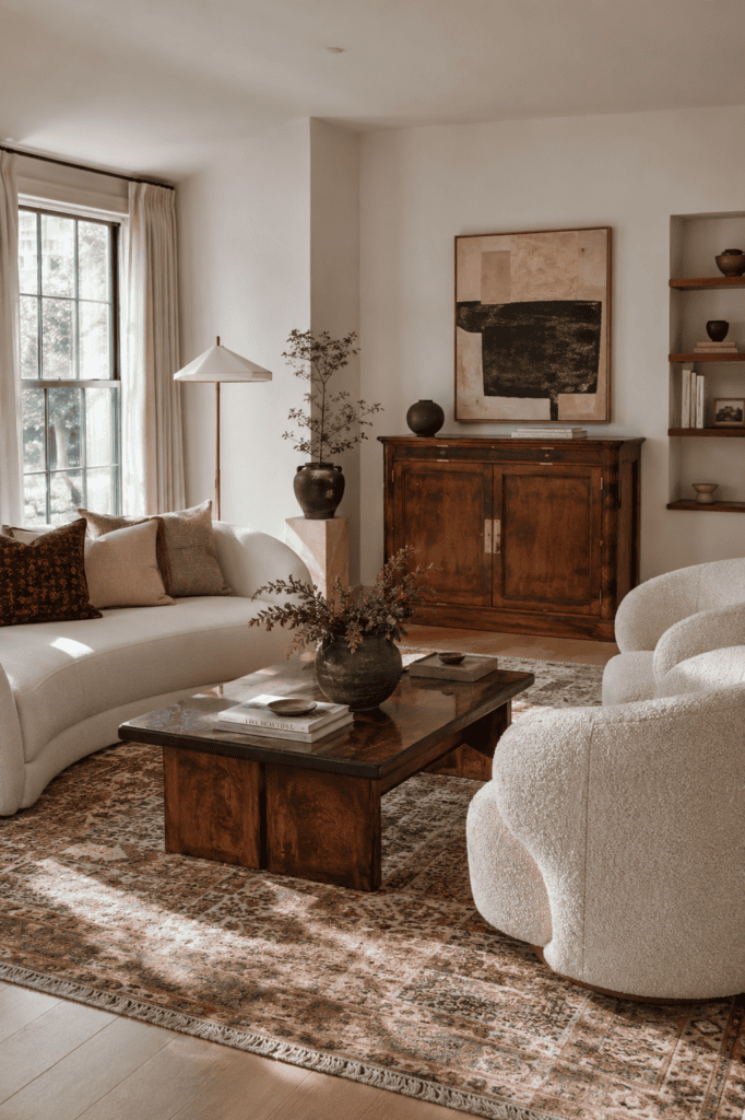 Cozy fall apartment living room with warm autumn colors, layered textiles, pumpkins, dried branches, and beautiful natural sunlight.