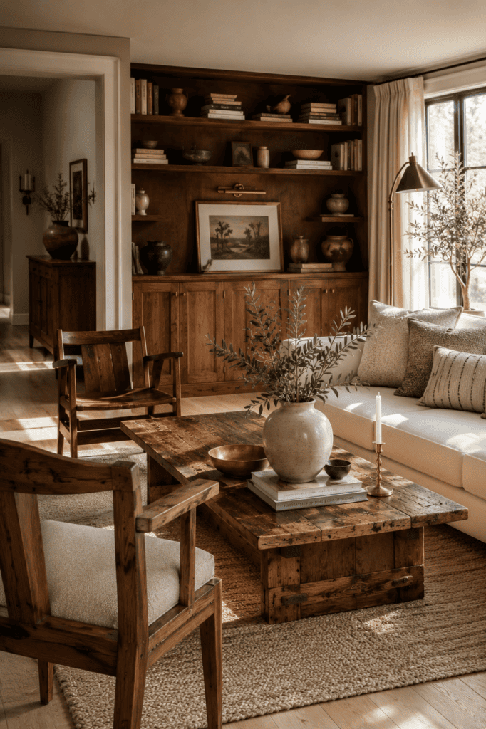 Modern vintage living room featuring warm walnut furniture, reclaimed oak accents, and soft neutral furnishings.