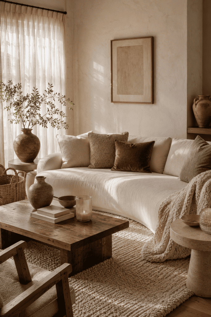 Modern vintage living room with layered linen, boucle, wool textures, handcrafted ceramics, and warm natural light.