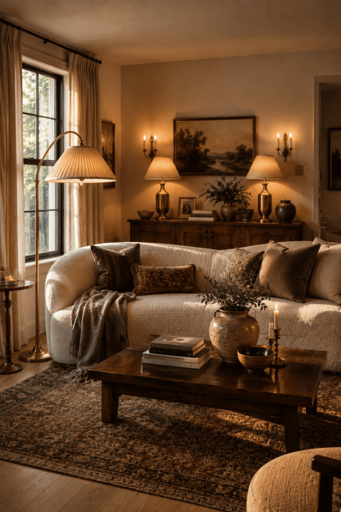 Modern vintage living room with antique brass lamps, warm ambient lighting, and timeless vintage-inspired decor.