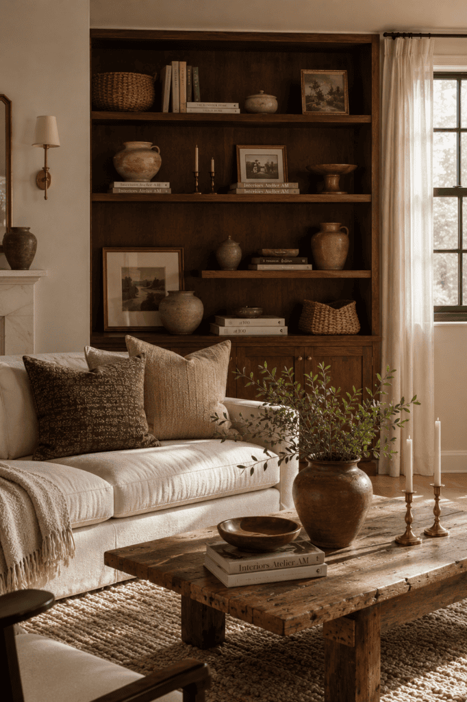 Modern vintage living room with thoughtfully styled shelves, handcrafted decor, vintage accessories, and clean styling.