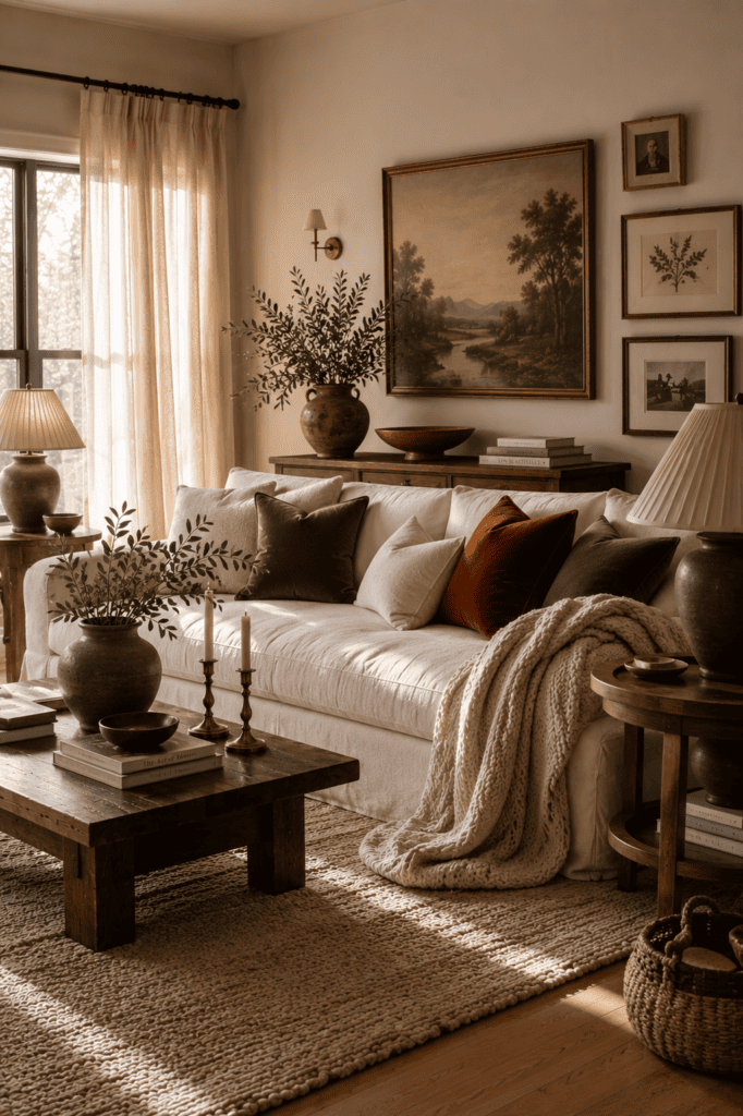 Cozy modern vintage living room with linen upholstery, velvet pillows, wool rug, and layered soft textiles.