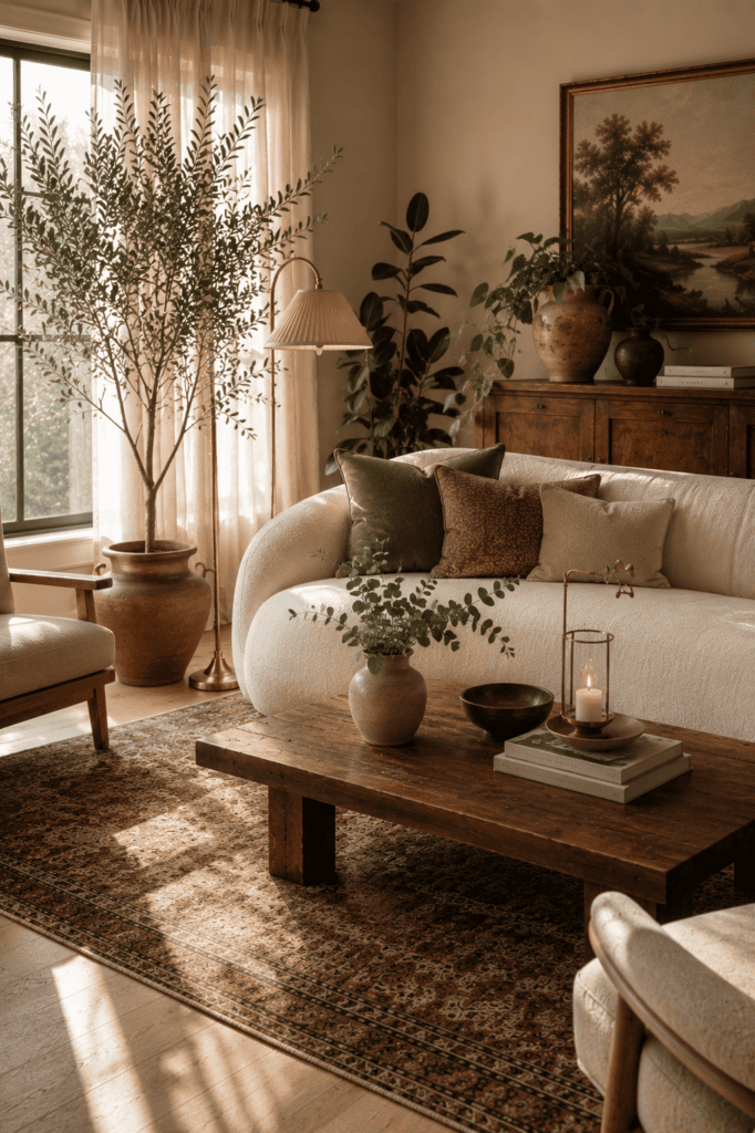 Modern vintage living room with an olive tree, natural greenery, walnut furniture, and warm sunlight creating a fresh, timeless atmosphere.