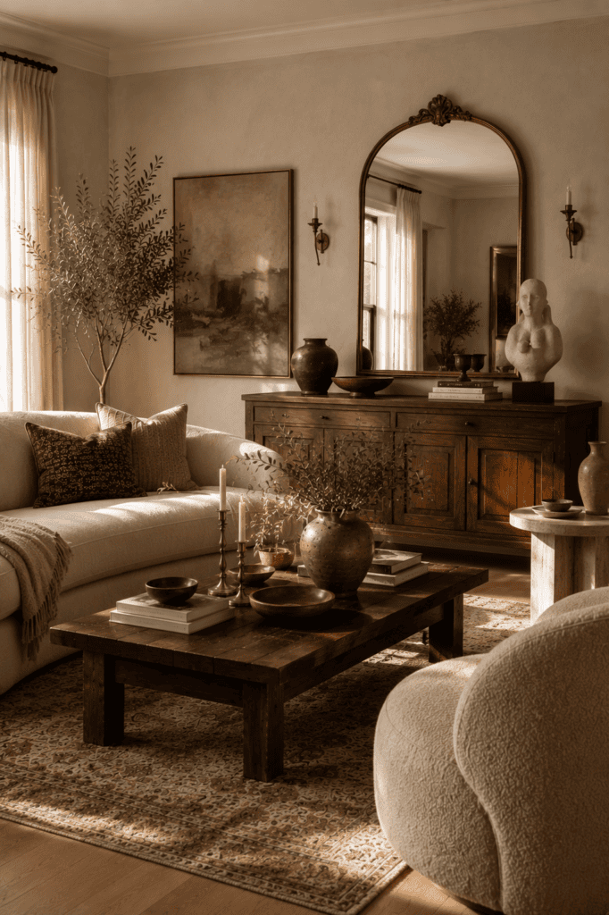 Modern vintage living room blending antique accessories with contemporary furniture for a timeless and elegant interior.