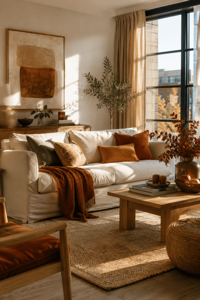 Modern apartment decorated with warm autumn colors including rust, olive green, caramel, and cozy neutral furnishings.