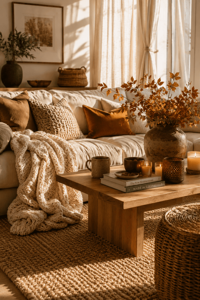 Cozy fall apartment living room with layered blankets, boucle pillows, woven textures, and warm natural light.