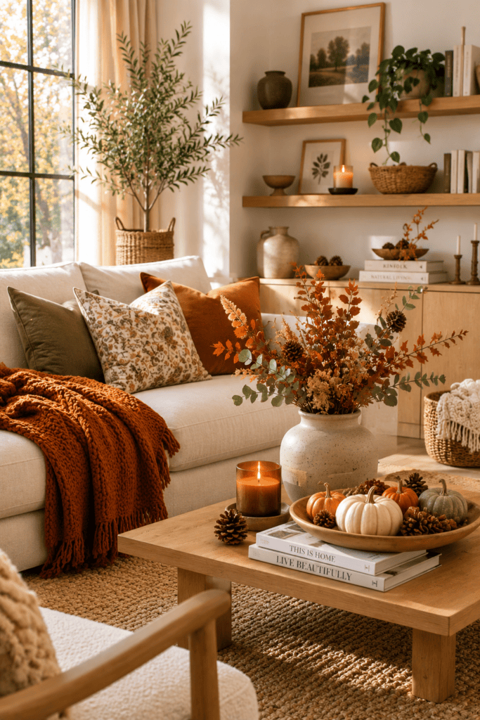 Elegant fall apartment decor featuring dried wheat, pumpkins, ceramic vases, and natural autumn-inspired accessories.
