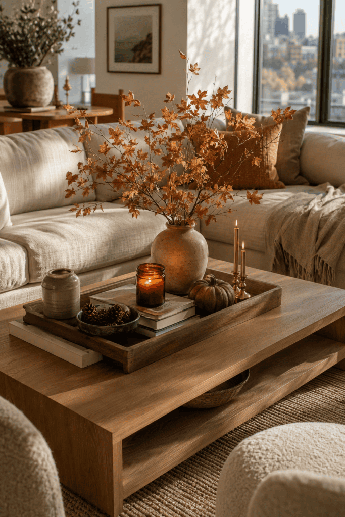 Stylish fall coffee table with candles, pumpkins, dried branches, and cozy autumn decor inside a modern apartment.