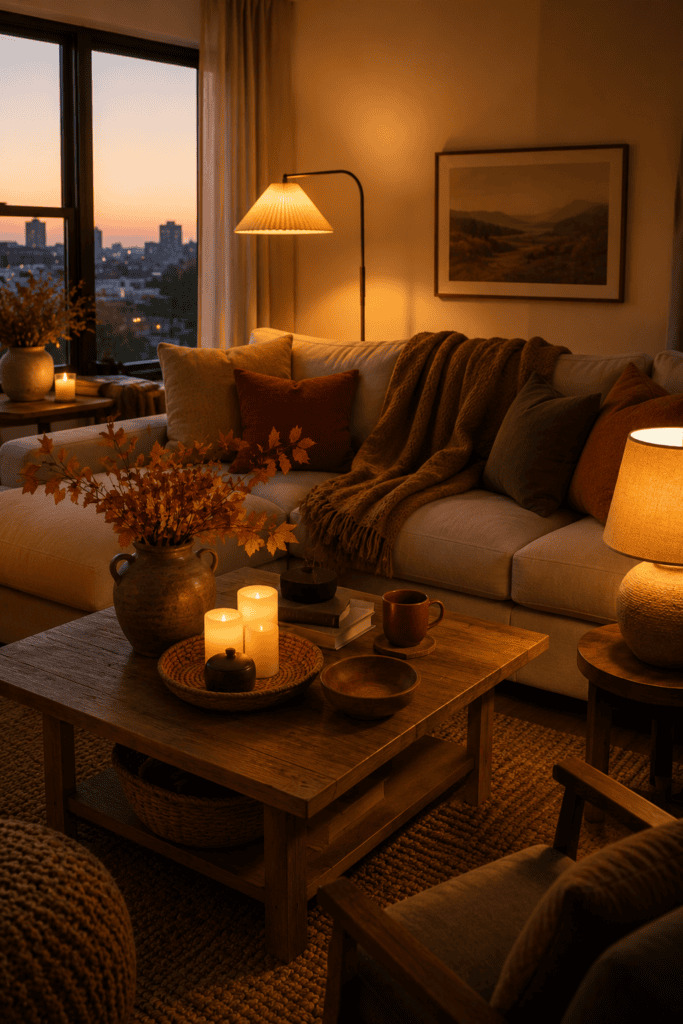 Cozy fall apartment living room with warm ambient lighting, candles, and soft evening atmosphere.