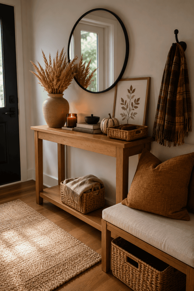 Small apartment entryway decorated with fall accents, dried wheat, woven baskets, and warm wood furniture.