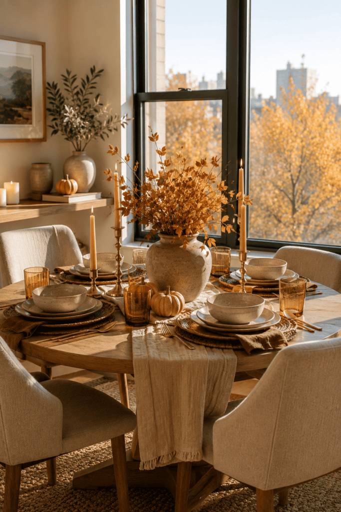Cozy fall apartment dining area with a seasonal tablescape, ceramic dinnerware, and warm autumn accents.