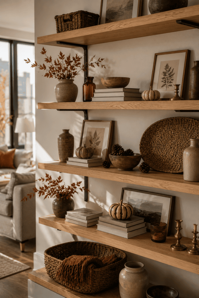 Open shelves styled with elegant fall decor including pumpkins, amber glass, ceramic vases, and natural autumn accents in a modern apartment.