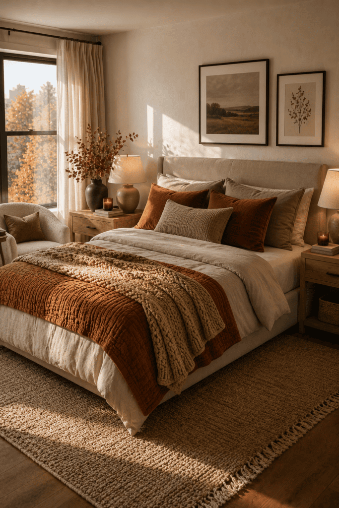 Cozy fall apartment bedroom with layered bedding, warm autumn colors, soft textures, and beautiful natural morning light.