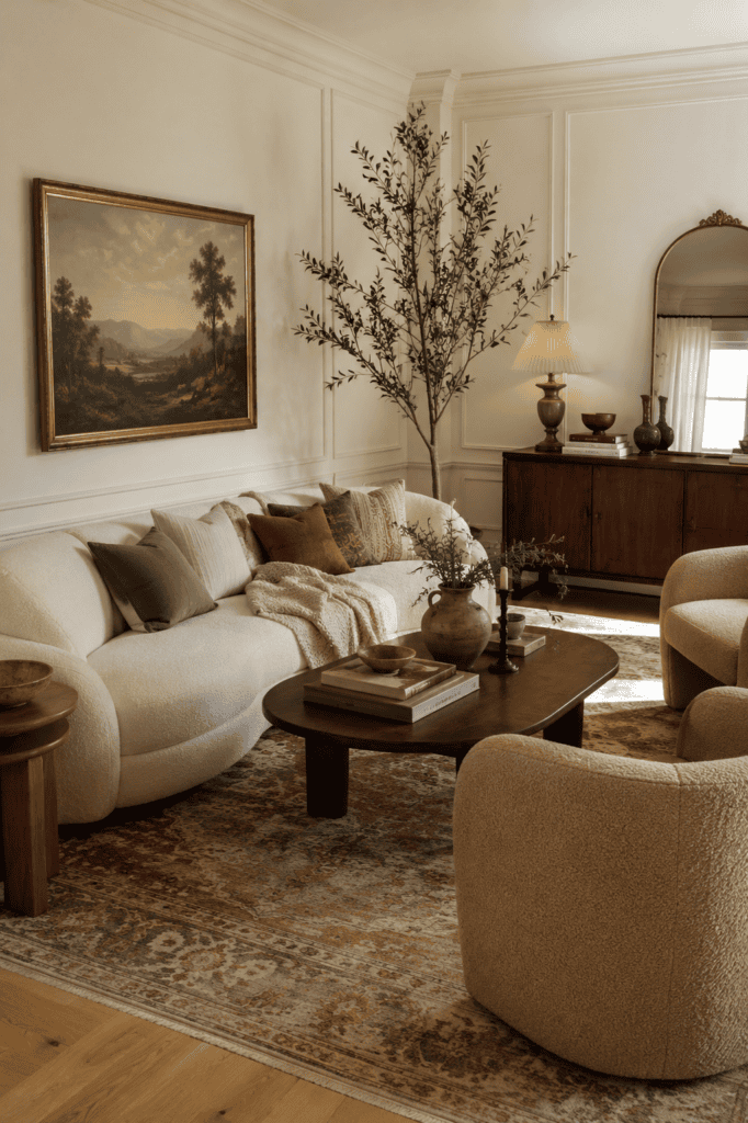 Modern vintage living room with a curved linen sofa, walnut coffee table, Persian rug, vintage artwork, olive tree, and warm natural light.