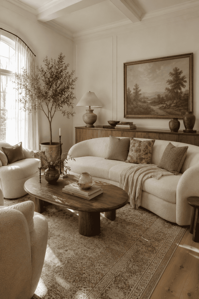 Neutral modern vintage living room with cream furniture, warm white walls, oak flooring, and soft natural lighting.