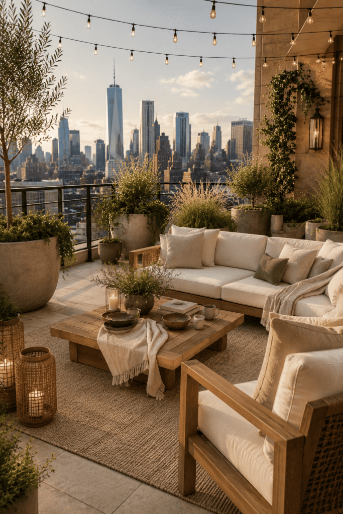 Luxury apartment balcony with modern outdoor furniture, lush greenery, elegant lighting, and a beautiful city skyline view.