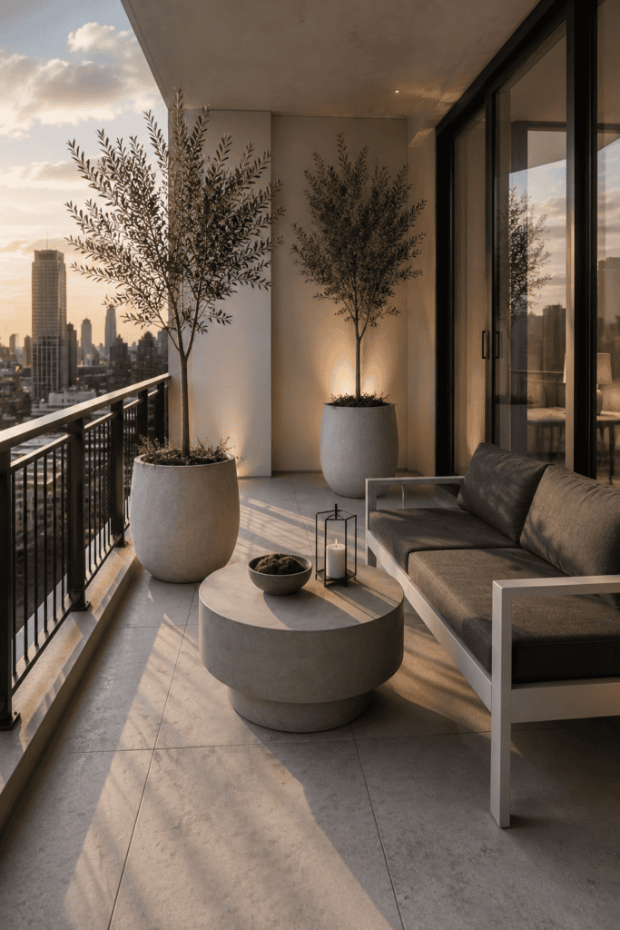 Modern minimalist apartment balcony with sleek furniture, concrete planters, olive trees, and clean architectural styling.