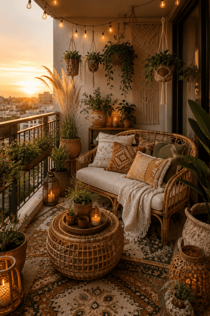 Boho apartment balcony with rattan furniture, layered rugs, macrame decor, and lush greenery.