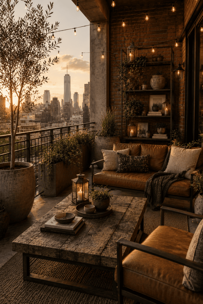 Industrial apartment balcony with exposed brick, leather seating, reclaimed wood furniture, and warm Edison lighting.