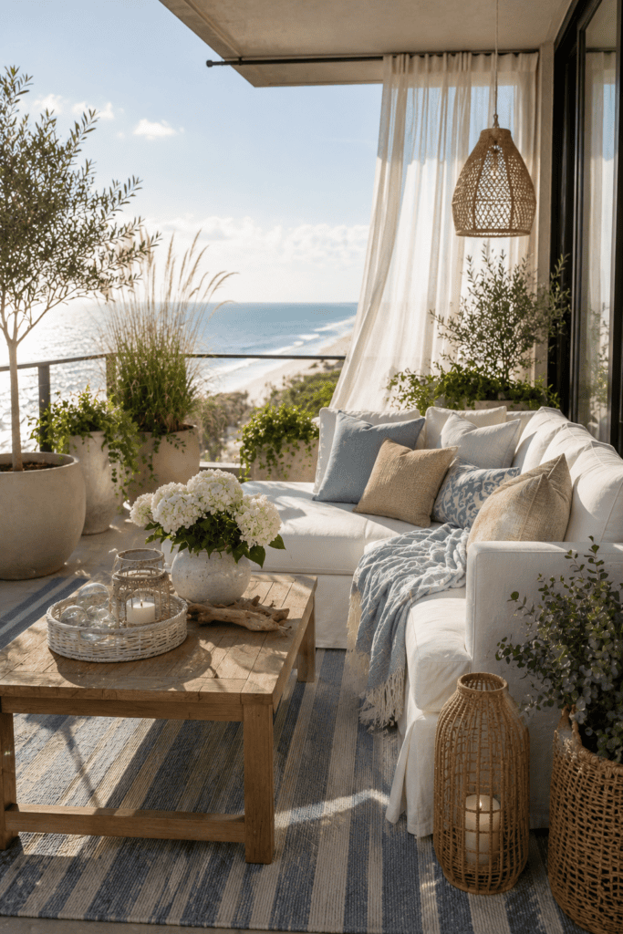 Elegant coastal apartment balcony with white outdoor furniture, teak accents, blue cushions, and stunning ocean views.