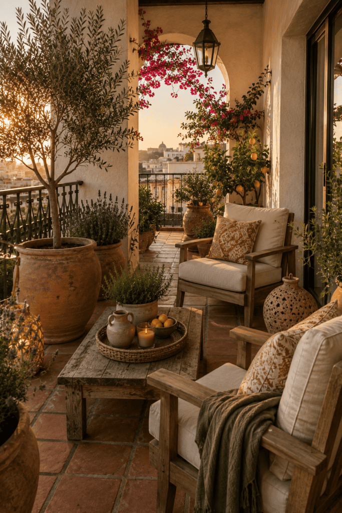 Mediterranean apartment balcony with terracotta flooring, olive trees, wrought iron furniture, and timeless outdoor styling.